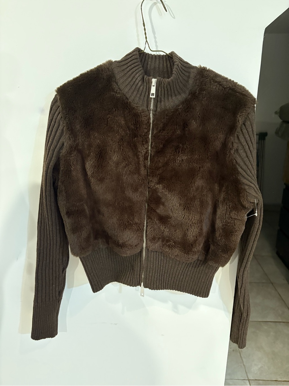 Sincerly Jules Brown Faux Fur Front Zip Crew Sweater